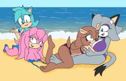 armadillo beach bikini bikini_top_removed brown_body cat_tail cyan_body echidna face_in_breasts fan_character grey_body large_breasts nervous_smile oc pink_body sonic_(series) sonic_the_hedgehog_(series) sonicguru sunscreen yuri