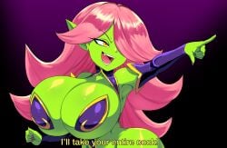 1girls 2024 bottomwear breasts casual casual_nudity covered_nipples dart_(thecon) female female_only gigantic_breasts goblin goblin_female green_skin huge_ass huge_breasts large_breasts massive_breasts pink_hair solo solo_female teasing text thecon topless useless_clothing