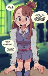 akko_kagari big_penis blush brown_eyes brown_hair embarrassed english_text fully_clothed grabbing_legs happy horny_female knuxy little_witch_academia male_pov painted_nails school_uniform smile smiling_at_viewer socks text witch witch_costume