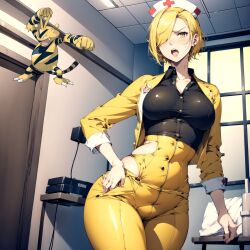 ai ai_generated black_eyes blonde_hair curvy electabuzz electra hair hospital humanization nintendo nurse nurse_outfit pokemon pokewomen short standing wide_hips