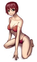 1girls bikini black_eyes female freckles freckles_on_arms freckles_on_face freckles_on_shoulders freckles_on_thighs kim_pine kneeling raccsquisite1 red_bikini red_hair scott_pilgrim short_hair solo solo_female strap_slip