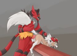 anal anal_sex angry balls bent_over bodily_fluids canid canine cum cum_in_ass cum_inside cum_on_balls cum_string drooling duo felid feline feral forced generation_7_pokemon genital_fluids genitals hand_on_head hi_res humanoid incineroar interspecies lycanroc male male/male mammal midday_lycanroc nintendo penetration pokemon pokemon_(species) pokephilia questionable_consent saliva smile tail tail_pull tarkish