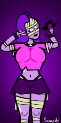 bandages big_ass big_breasts brawl_stars clothed emz_(brawl_stars) purple_hair purple_skin scoopsky_(artist) selfie_pose skirt