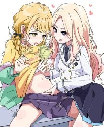 2girls :o absurdres banknote blonde_hair braid breath clothes_lift fingering fujita_kotone gakuen_idolmaster hair_ribbon hand_in_another's_clothes heart heart-shaped_pupils highres holding holding_money idolmaster jacket juo_sena leg_between_thighs long_hair looking_at_another money multiple_girls navel ohgi910 purple_skirt ribbon school_uniform shirt shirt_lift simple_background skirt spread_legs stomach straight_hair sweat symbol-shaped_pupils trembling very_long_hair white_background white_jacket yellow_shirt yuri