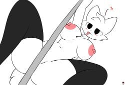 1girls anthro artist_logo blush blushing body_fur boykisser breasts breasts_out feline female female_boykisser female_only nipples no_visible_genitalia notsosafeegg rule_63 silly_cat_(mauzymice) solo stripper_pole thigh_highs tomboy tongue tongue_out white_fur