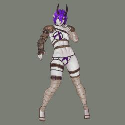 2023 abs belts black_sclera demon_girl demon_horns full_body galaad1800 horns micro_panties muscular muscular_female nipples open_toe_shoes partially_visible_vulva pink_eyes pointy_ears purple_hair simple_background small_breasts solo_female thighhighs unconvincing_armor useless_clothing white_skin