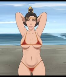 1girls 2d avatar_legends big_ass big_breasts bikini female female_only fire_nation four_elements_trainer game_cg glasses hands_behind_head human izumi_(tlok) milf mity solo the_legend_of_korra