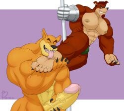 anthro balls bandicoot bara bayron_(artist) big_balls big_penis boner cocky cocky_smile crash_(series) crunch_bandicoot erection feet foot_fetish fraternity furry licking_foot male male_only masturbation muscles muscular nude penis tiger tiny_tiger