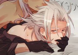 2boys alternate_costume ansem_seeker_of_darkness black_gloves black_shirt blush collared_shirt dark_skin doggy_style finger_in_another's_mouth gloves grey_background grey_hair hair_over_shoulder implied_sex kingdom_hearts kingdom_hearts_i kingdom_hearts_ii long_hair looking_back lying lying_on_person male_focus minatoya_mozuku multiple_boys off_shoulder on_stomach open_mouth parted_bangs saliva shirt smile spiked_hair sweat toned toned_male xemnas yaoi yellow_eyes