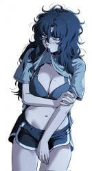 blush booty_shorts bra embarrassed femcel gye_baek-soon lifting_shirt medium_breasts mole neet