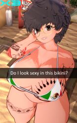 1girls beach big_ass big_breasts big_butt bikini brown_eyes dark_hair gatalina_(x3n0n999) glasses grinning hand_on_head koikatsu lipstick mexican mexican_flag_bikini queen_of_spades sand snapchat tattoo tattoos thick_thighs watermark x3n0n999