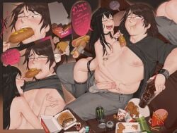 1boy 1girls 7-eleven belly belly_rolls belly_stuffing black_hair blush blushing brown_hair casual_nudity chubby chubby_cheeks chubby_male cock_out corndog dialogue drooling dunkin'_donuts embarrassed eyes_rolling_back fat_man feederism feeding female food gamer_boy glasses grabbing_belly grinding_on_leg groping_breasts horny_female hot_dog kfc lacryboy man_boobs mcdonald's monster_can monster_energy moob_grab moobs mouth_full muffled_speech nipples phallic_imagery puffy_nipples shirt_lift skinny_girl squished_breasts stomach_grab strained_expression