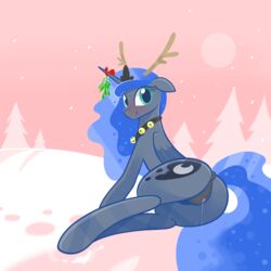 alicorn anus bell blush braddo cervine clitoris collar dripping equine female friendship_is_magic horn looking_at_viewer looking_back mammal mistletoe my_little_pony plant presenting princess_luna_(mlp) puffy_anus pussy pussy_juice reindeer smile solo wings