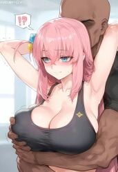 1boy 1girls ai_generated armpits arms_up blue_eyes blush bocchi_the_rock! breast_grab dark-skinned_male dark_skin gigantic_breasts gotou_hitori hair_ornament huge_breasts interracial light-skinned_female light_skin long_hair massive_breasts muscular_male nakatori nude nude_male pink_hair squatting straight sweat sweatdrop tank_top voluptuous voluptuous_female