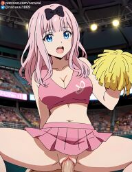 1boy 1girls ai_generated anime blue_eyes cheerleader cheerleader_outfit cowgirl_position female fujiwara_chika human kaguya-sama_wa_kokurasetai_~tensai-tachi_no_renai_zunousen~ large_breasts male penis pink_hair ranwai sex stable_diffusion vaginal_penetration vaginal_sex