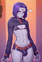 1boy abs abstract_background ai_generated asura_(ai_style) bulge collar darabri-mix dc_comics femboy feminine_male forehead_jewel genderswap genderswap_(ftm) girly male male_only muscular otoko_no_ko outlines penis penis_bulge pov pov_eye_contact purple_eyes purple_hair raven_(dc) rule_63 slutty_outfit solo trap