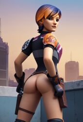 1girls ai_generated ass bubble_butt mandalorian_armor outdoors outside presenting_pussy pussy rooftop sabine_wren solo solo_focus standing star_wars star_wars_rebels