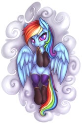 2015 clothing cutie_mark equine female friendship_is_magic fshydale gloves hair legwear long_hair looking_at_viewer lying mammal multicolored_hair my_little_pony on_back pegasus pussy rainbow_dash_(mlp) rainbow_hair smile solo straight_hair thigh_highs wings