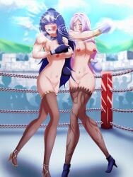 2girls alternate_version_available angry armpits attack audience aversa_(fire_emblem) bangs bare_arms bare_midriff bare_shoulders bare_thighs black_boxing_gloves black_gloves black_hair blue_eyes blue_hair boxing boxing_gloves boxing_ring breasts brown_eyes bruise castle catfight cleavage clenched_teeth day duo facial_mark facial_tattoo female female_focus female_only fembox_collect fight fighting_ring fire_emblem fire_emblem_awakening gloves gradient_hair grey_hair high_heels injury large_breasts light-skinned_female light_skin long_hair midriff motion_lines multicolored_hair multiple_girls naked_gloves naked_heels navel nintendo nipples nude nude_female one_eye_closed outdoors part_of_a_set pink_hair punch purple_hair rolling_eyes shoulders tattoo tharja_(fire_emblem) thighhighs thighs very_long_hair white_boxing_gloves white_gloves white_hair yuri