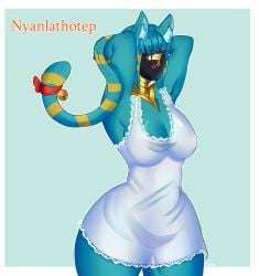 anthro auntie_nyan_nyan blue_fur donutbuttz egyptian elderly_female eldritch_horror eldritch_humanoid eye_of_ra furry hands_behind_head head_tail nyanlathotep one_eye sleeping_gown sucker_for_love