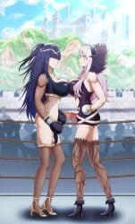 2girls adapted_costume alternate_costume alternate_version_available angry ass audience aversa_(fire_emblem) bangs bare_arms bare_midriff bare_shoulders bare_thighs big_ass black_boxing_gloves black_gloves black_hair blue_eyes blue_hair bodystocking boxing boxing_gloves boxing_ring breast_press breasts brown_eyes castle catfight center_opening chest_tattoo cleavage confident day dress duo facial_mark facial_tattoo feathers female female_focus female_only fembox_collect fight fighting_ring fire_emblem fire_emblem_awakening glaring gloves gradient_hair grey_hair headwear high_heels large_breasts light-skinned_female light_skin lipstick long_hair looking_at_another midriff multicolored_hair multiple_girls nintendo outdoors part_of_a_set pelvic_curtain pink_hair purple_hair shoulders smile smug stomach_tattoo symmetrical_docking tattoo tharja_(fire_emblem) thighhighs thighs very_long_hair white_boxing_gloves white_gloves white_hair white_lips white_lipstick yuri