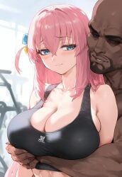 1boy 1girls ai_generated blue_eyes blush bocchi_the_rock! dark-skinned_male dark_skin gigantic_breasts gotou_hitori hair_ornament huge_breasts interracial light-skinned_female light_skin long_hair massive_breasts muscular_male nakatori nude nude_male pink_hair squatting sweat sweatdrop tank_top voluptuous voluptuous_female