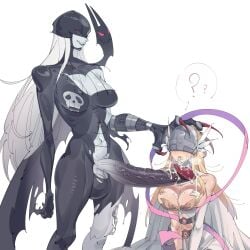 1futa 1girls ? ?? absurdly_large_cock angel angel_wings angewomon armor bare_shoulders belt big_breasts black_bodysuit black_lips black_mask blonde_hair blush bodysuit breastplate breasts cleavage clothed clothing clothing_cutout colored_skin covered_eyes cowboy_shot cum cum_in_mouth cum_on_body cum_on_breasts demon_girl digimon digimon_(creature) duo english_commentary erection facial_hair feathered_wings female full-package_futanari futa_on_female futanari gloves grey_skin head_grab head_wings helmet helmet_over_eyes highres huge_cock human humanoid humanoid_penis kneeling ladydevimon large_breasts light-skinned_female light_skin long_hair mostly_clothed multiple_girls navel o-ring oerba_yun_fang penis pink_ribbon red_nails ribbon simple_background single_glove speech_bubble standing stitches stomach_cutout testicles torn_bodysuit torn_clothes upper_body very_long_fingernails white_background white_gloves white_hair white_wings wings zocehuy