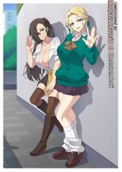 2girls bare_legs bare_thighs blonde_hair boots braid breasts brown_eyes brown_hair cleavage earrings female female_only fire_emblem fire_emblem:_three_houses fire_emblem_fates full_body green_eyes hair_over_one_eye high_heels ingrid_brandl_galatea kagero_(fire_emblem) large_breasts legs long_hair long_sleeves medium_breasts miniskirt multiple_girls mzrz nintendo open_clothes open_shirt outdoors ponytail school_uniform schoolgirl shirt short_hair skirt thighhighs thighs tree very_long_hair waving waving_at_viewer yellow_hair