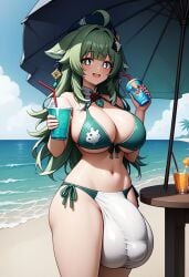 1futa ai_generated balls_bigger_than_penis balls_under_clothes beach big_balls big_breasts big_penis bikini bulge civitai clothed drinks flaccid full-package_futanari futa_only futanari happy honkai:_star_rail huge_balls huge_breasts huge_bulge huohuo_(honkai:_star_rail) looking_at_viewer mizuiro01 penis_under_clothes solo solo_futa solo_futanari