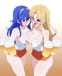 2girls @_@ alcohol asymmetrical_docking blonde_hair blue_hair blush breast_press clarisse_(fire_emblem) cleavage embarrassed fire_emblem fire_emblem:_new_mystery_of_the_emblem fire_emblem_awakening fire_emblem_heroes hooters large_breasts lucina_(fire_emblem) medium_breasts nervous nintendo oppaihobby waitress waitress_uniform