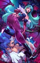 2girls animal_ears bat_wings big_breasts blue_eyes blue_hair cat_ears cat_tail catgirl claws clothed clothing darkstalkers felicia_(darkstalkers) female_only green_eyes green_hair headwings looking_at_viewer morrigan_aensland multiple_girls nail_polish open_mouth reiq rose succubus succubus_wings thick_thighs tight_clothing tongue_out