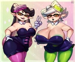 2girls ass_grab big_ass big_breasts black_hair boob_window breast_size_difference breasts callie_(splatoon) clothed cousins female female_only grabbing_own_ass huge_ass huge_breasts inkling inkling_girl large_breasts light-skinned_female light_skin long_hair madheaven marie_(splatoon) multiple_girls nintendo no_bra short_hair sideboob splatoon splatoon_(series) squid_sisters teasing tentacle_hair white_hair