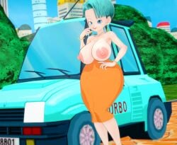 3d areolae blue_hair blush breast_veins bul bulma_briefs bulma_briefs_(end_of_dbz) closed_eyes dragon_ball dragon_ball_(series) dragon_ball_z koikatsu large_breasts large_nipples milf orange_dress strapless_dress thick_thighs