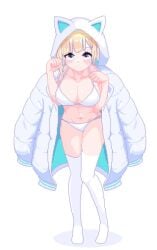 big_breasts blonde_hair blush breasts cat_hoodie clothing female hothot148 looking_at_viewer solo_female tagme underwear white_background white_bra white_coat white_panties wide_hips