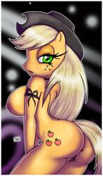 abstract_background anthro anthrofied anus applejack_(mlp) ass bedroom_eyes big_breasts blonde_hair breasts clitoris cutie_mark dat_ass equine female freckles friendship_is_magic fur green_eyes hair hat horse innocenttazlet long_hair looking_at_viewer looking_back mammal my_little_pony nipples open_mouth orange_fur pony presenting pussy raised_tail rear_view smooth_skin solo standing