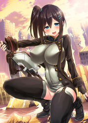 akanagi_youto blue_eyes blush bodysuit boots breasts female female_protagonist fingerless_gloves gloves god_eater god_eater_2 kneeling large_breasts long_sleeves no_panties player_(god_eater_2) pussy pussy_juice skin_tight smile solo tagme thigh_boots thighhighs underwear weapon