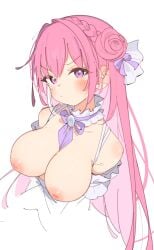 :< absurdres angry between_breasts blush braid breasts breasts_out closed_mouth collar collarbone crown_braid detached_collar dorothy_(nikke) dress female frilled_collar frills frown goddess_of_victory:_nikke hair_bun hair_intakes hair_ribbon highres large_breasts long_hair looking_at_viewer nipples pink_eyes pink_hair puffy_nipples purple_ribbon rasusurasu ribbon ribbon_between_breasts simple_background sleeveless sleeveless_dress solo v-shaped_eyebrows white_background white_collar white_dress white_ribbon