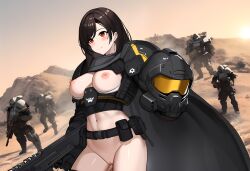 ai_generated armor bottomless breasts_out final_fantasy final_fantasy_vii functionally_nude helldiver_(helldivers) helldivers_2 helmet helmet_removed holding_helmet red_eyes rifle tifa_lockhart