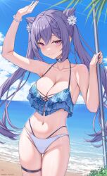 1girls 2024 2d 2d_(artwork) alternate_costume beach belly_button big_breasts bikini blush cleavage clouds day female female_focus female_only flower_in_hair flowers front_view genshin_impact high_resolution highres hourglass_figure hoyoverse keqing_(genshin_impact) long_hair looking_at_viewer mihoyo multi-strapped_bikini navel ocean outdoors pigtails purple_eyes purple_hair rosumerii sand smiling smiling_at_viewer solo solo_female solo_focus standing suggestive suggestive_look suggestive_smile summer swimsuit thong thong_bikini two_piece_swimsuit water young younger_female