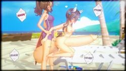 2girls 3d blush daitaku_helios_(umamusume) futanari horse_girl koikatsu large_cock large_testicles mejiro_palmer_(umamusume) mk009 ponytail sex small_breasts stomach_bulge stomach_deformation swimsuit umamusume