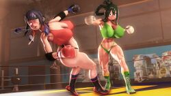 2girls 3d 3d_(artwork) abs alternate_breast_size alternate_version_available ass big_ass big_breasts big_butt boxing boxing_gloves boxing_ring breasts butt catfight female female_only fight fighting fighting_ring gloves green_hair griffanz gym huge_breasts jirou_kyouka kyoka_jiro large_ass large_breasts large_butt long_hair mouthpiece multiple_girls muscular muscular_female my_hero_academia punch punching punching_face purple_hair red_boxing_gloves red_gloves ryona short_hair tsuyu_asui vs white_boxing_gloves white_gloves wide_hips