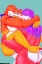 absurd_res anal anal_sex anthro ass balls belly big_balls big_butt bodily_fluids candy chad_(the_amazing_digital_circus) crocodile crocodilian crocodylid dessert duo erection food food_creature gay gay_sex genitals glitch_productions grandpaman gummy_(food) gummy_creature hi_res hug humanoid_genitalia humanoid_penis kissing living_candy male male/male max_(the_amazing_digital_circus) nude open_mouth orange_body penetration penile penile_penetration penis penis_in_ass pink_body purple_body reptile scalie scarf sex simple_background tail the_amazing_digital_circus tongue tongue_out yellow_body