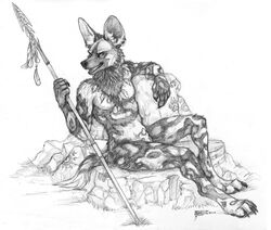 1boy 2014 african_wild_dog anthro canine collaboration coyox ear_piercing fur male male_only mammal monochrome necklace penis piercing polearm qzurr reclining rock sheath smile solo spear traditional_media_(artwork) tribal utunu western_art