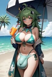 1futa ai_generated balls_under_clothes beach big_balls big_breasts big_penis bikini bulge civitai clothed drinks flaccid full-package_futanari futa_only futanari happy honkai:_star_rail huge_balls huge_breasts huge_bulge huohuo_(honkai:_star_rail) looking_at_viewer mizuiro01 penis_under_clothes solo solo_futa solo_futanari