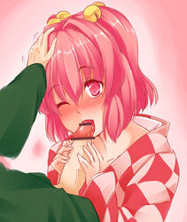 1boy blush censored checkered_clothing fellatio female hair_between_eyes hazuki_kyou japanese_clothes kosuzu_motoori one_eye_closed oral penis red_eyes red_hair tied_hair touhou twintails