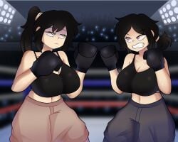 2girls ashley_graves big_breasts black_boxing_gloves black_gloves black_hair boxing boxing_gloves boxing_ring breasts daughter duo female female_focus female_only fighting_ring gloves green_eyes herosmacker huge_breasts large_breasts long_hair milf mother mother_(the_coffin_of_andy_and_leyley) mother_and_daughter pink_eyes ponytail renee_graves the_coffin_of_andy_and_leyley vs