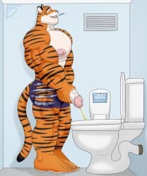 anthro balls bara bayron_(artist) big_balls big_penis closed_eyes flaccid furry male male_only muscles muscular peeing penis solo solo_male tiger tiger_dancer_(zootopia) toilet urination urine urine zootopia