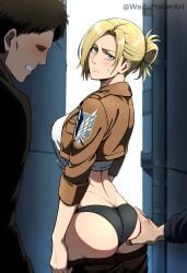 1girls 2boys 2boys1girl ai_generated alley alleyway annie_leonhardt ass ass_focus attack_on_titan black_panties blonde_hair blue_eyes blush breasts embarrassed female grabbing grabbing_ass grabbing_from_behind groping groping_ass groping_from_behind jacket looking_at_viewer male pants_down pants_pulled_down street waifumakerart