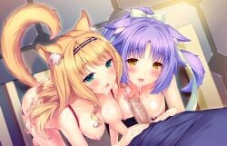 blowjob bodily_fluids bow catgirl censored cinnamon_(sayori) cum_drip cum_dripping_from_penis cum_on_breasts cum_on_face cum_string drool_string facial hand_on_penis large_breasts looking_up maple_(sayori) nekopara pink_nipples sayori