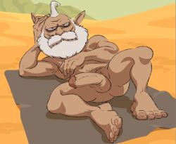 balls beard boner demon erection facial_hair feet genitals hand_on_belly hand_on_head hi_res humanoid looking_at_viewer lying male male_focus male_only masculine mature_male nude on_back penis posduroo pubes sand_land skinny solo thief_(sand_land)